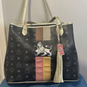 MCM Black with Gold MCM Visetos Shopper Bag Black Lion Tote